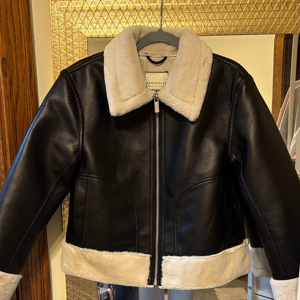 Bagatelle Black Faux Leather Jacket with Cream Faux Fur Trim